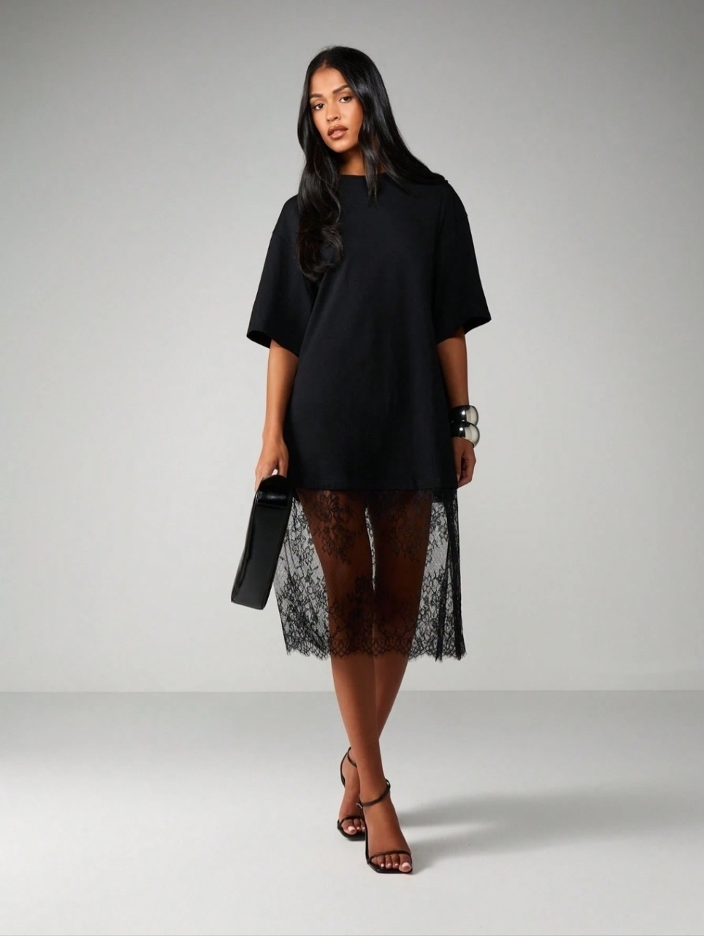 NEW!!! Black Lace Hem Oversized Tee Dress, NWT